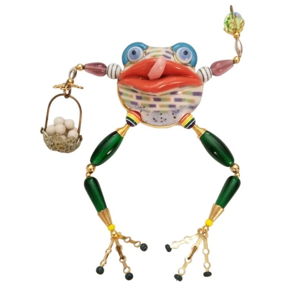 Jewelry 10 Glazed Pottery Whimsical Frog Glass Bead Egg Basket Brooch Pin, L75